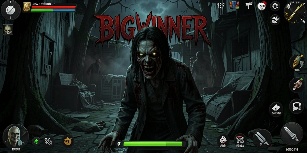 Screenshot gameplay <strong>BIGWINNER</strong> yang menampilkan suasana mencekam dengan efek visual menakutkan.