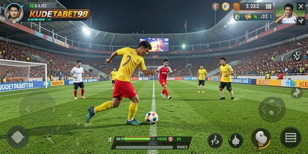 Gameplay KUDETABET98 menampilkan aksi seru di lapangan sepak bola.