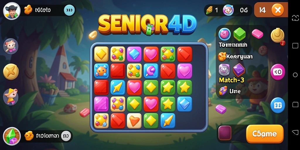 Screenshot gameplay SENIOR4D dengan aksen warna-warni dan tantangan Match-3 yang seru.