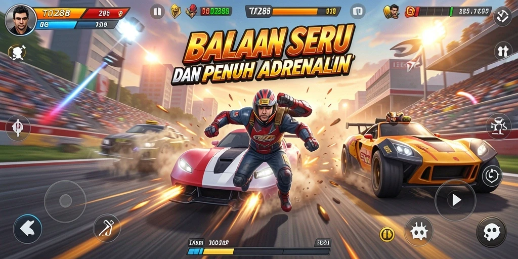 Screenshot TO288 menampilkan aksi balapan yang mendebarkan di trek.
